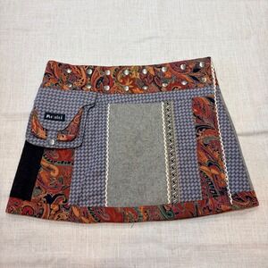 Moshiki Patchwork Wrap Mini Skirt Bohemian Festival Boho Paisley Button Snap M